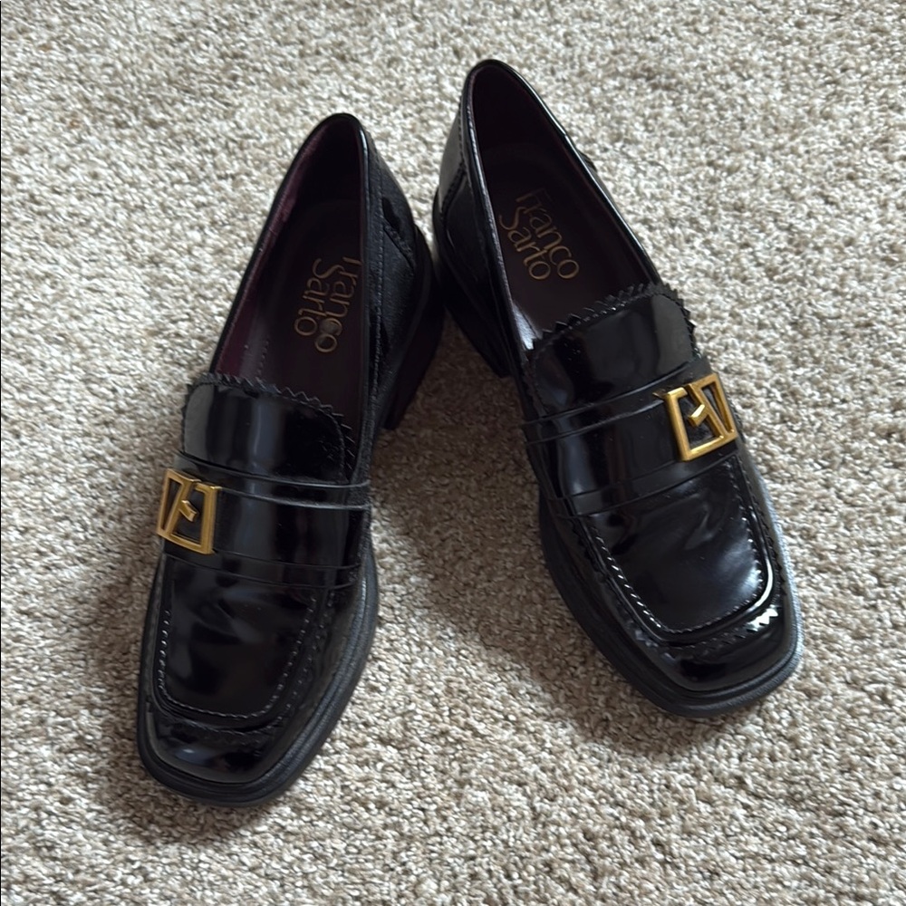 Franco Sarto patent leather scalloped edge loafer with gold buckle detail